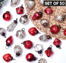 Set of 50 Pieces Red and Silver Tiny Christmas Ornaments In Assorted Styles